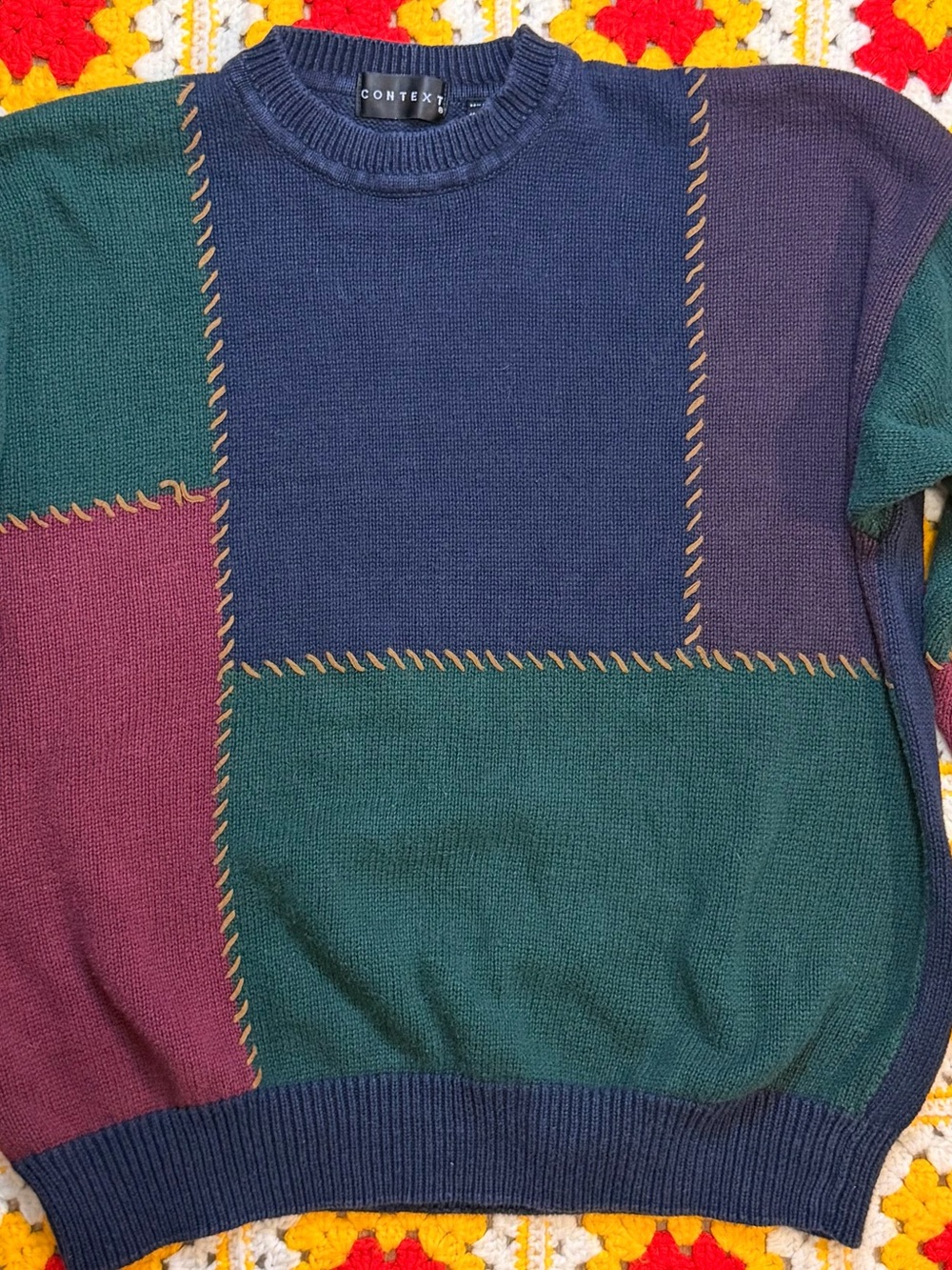 90s Context Colorblock Patchwork Crewneck Sweater - Navy, Forest Green, Plum